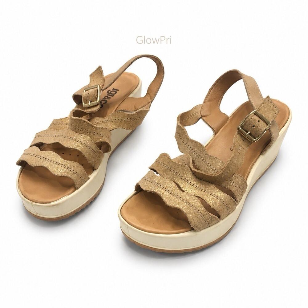 Igi & Co Women’s Leather Platform Sandals Size 5 Beige Gold Vera Pelle Italy